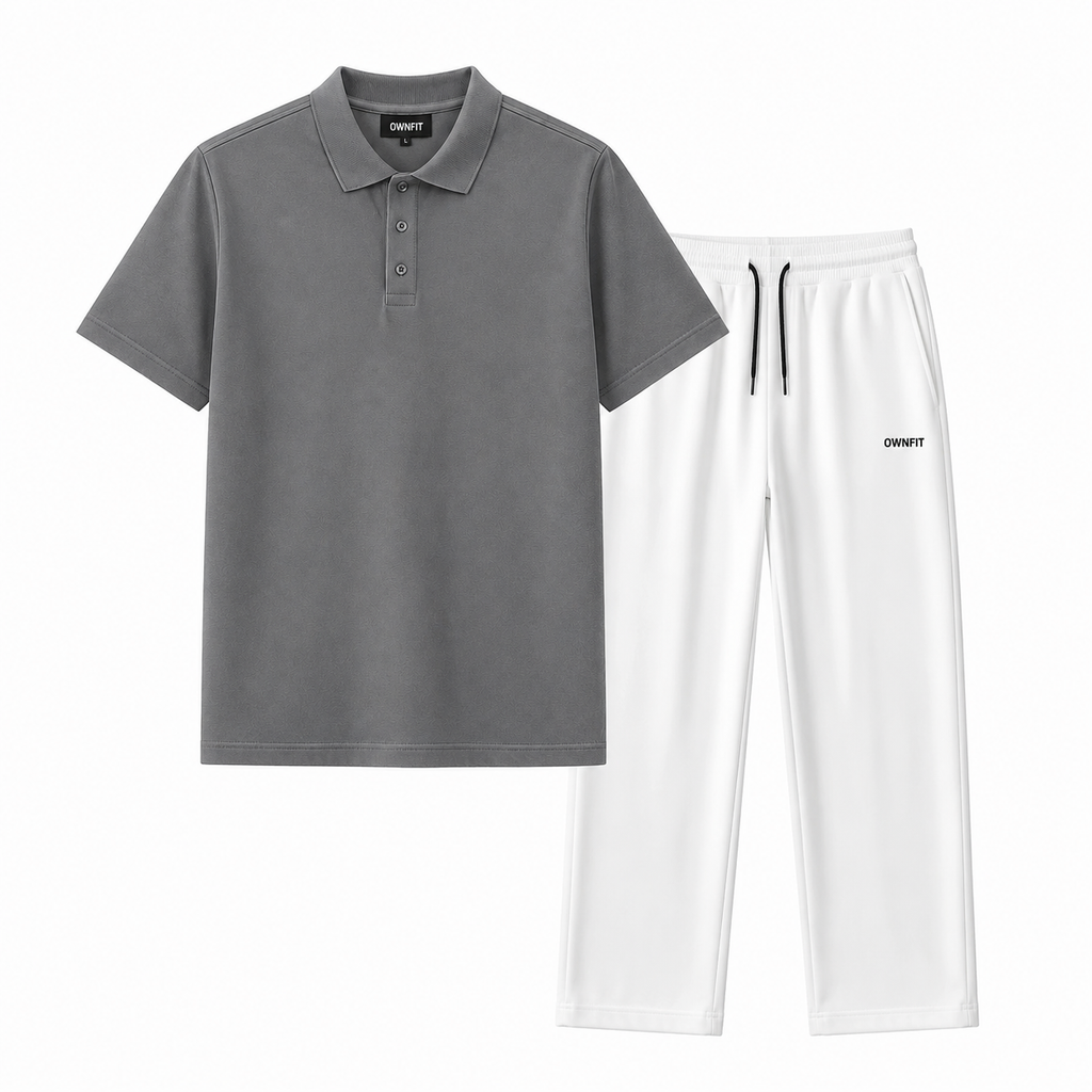 Grey polo with white baggy trouser