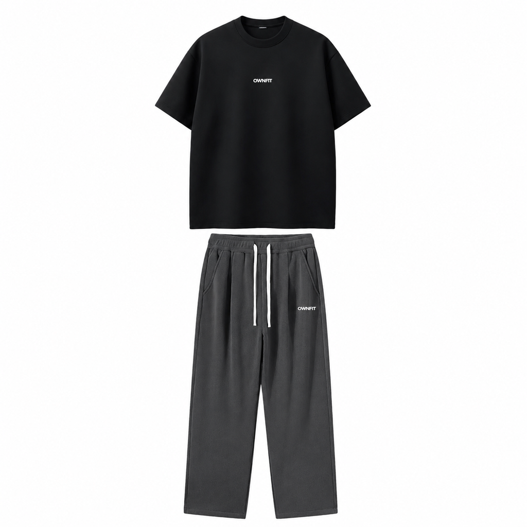Black tshirt+steel grey tracksuit
