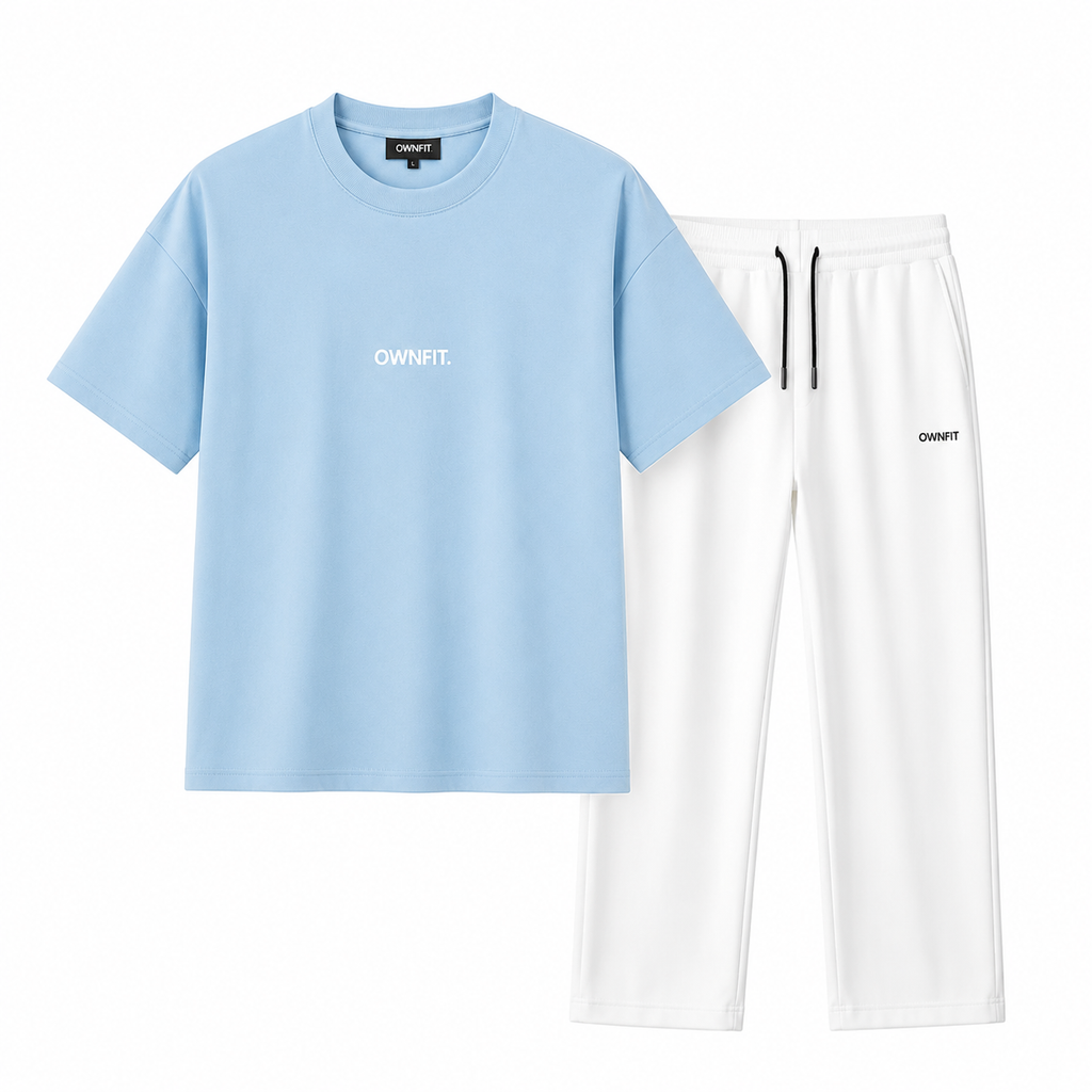 sky blue  tee + plain white trouser