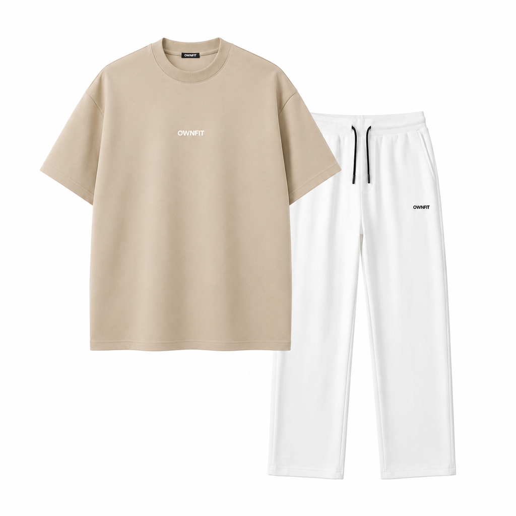 beige tee + plain white trouser