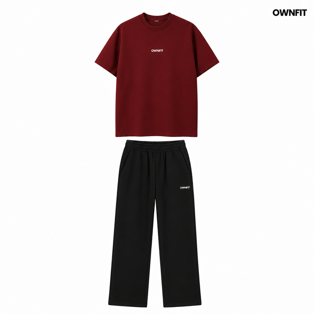 Wine red Tshirt + black plain trouser
