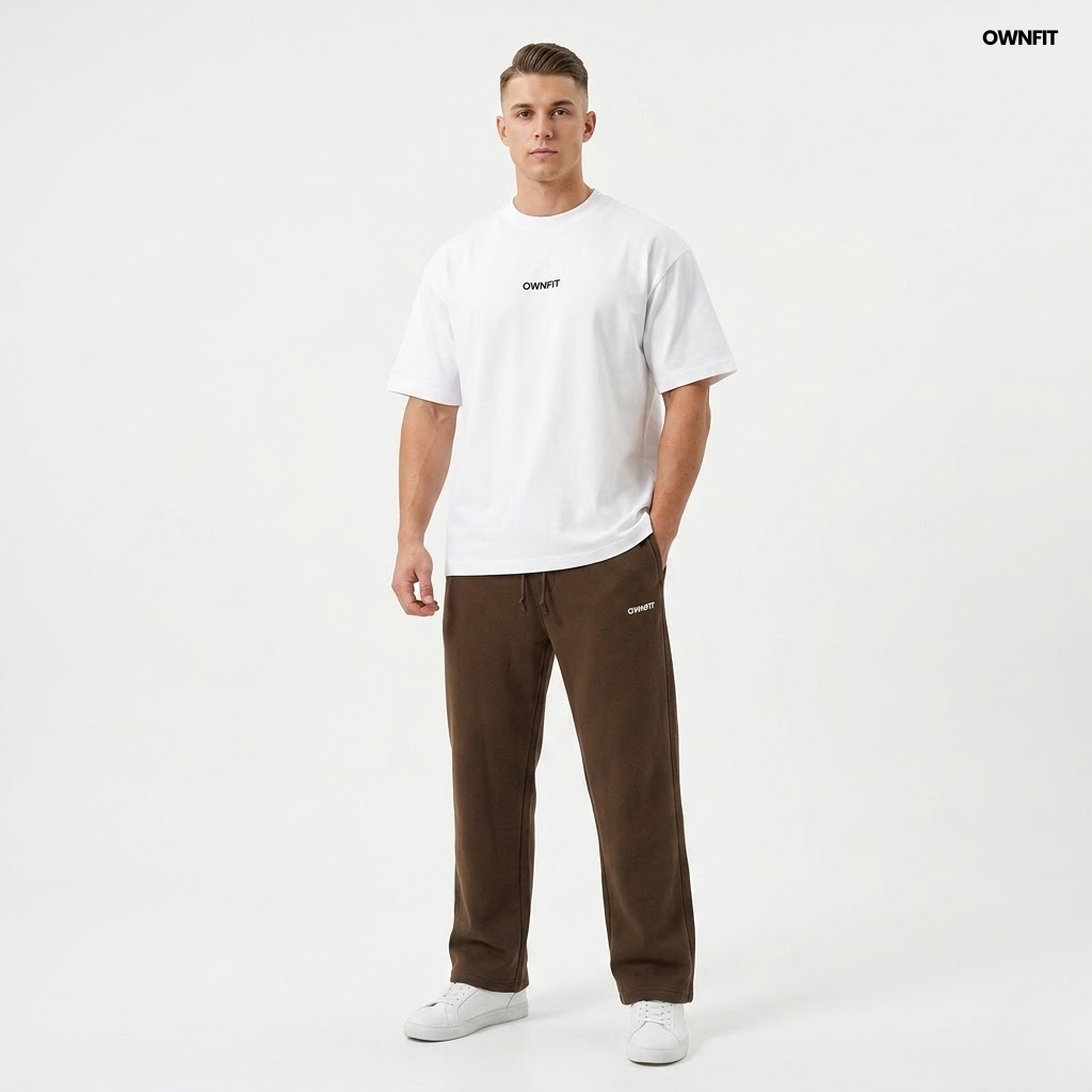 tracksuit white T shirt brown trouser