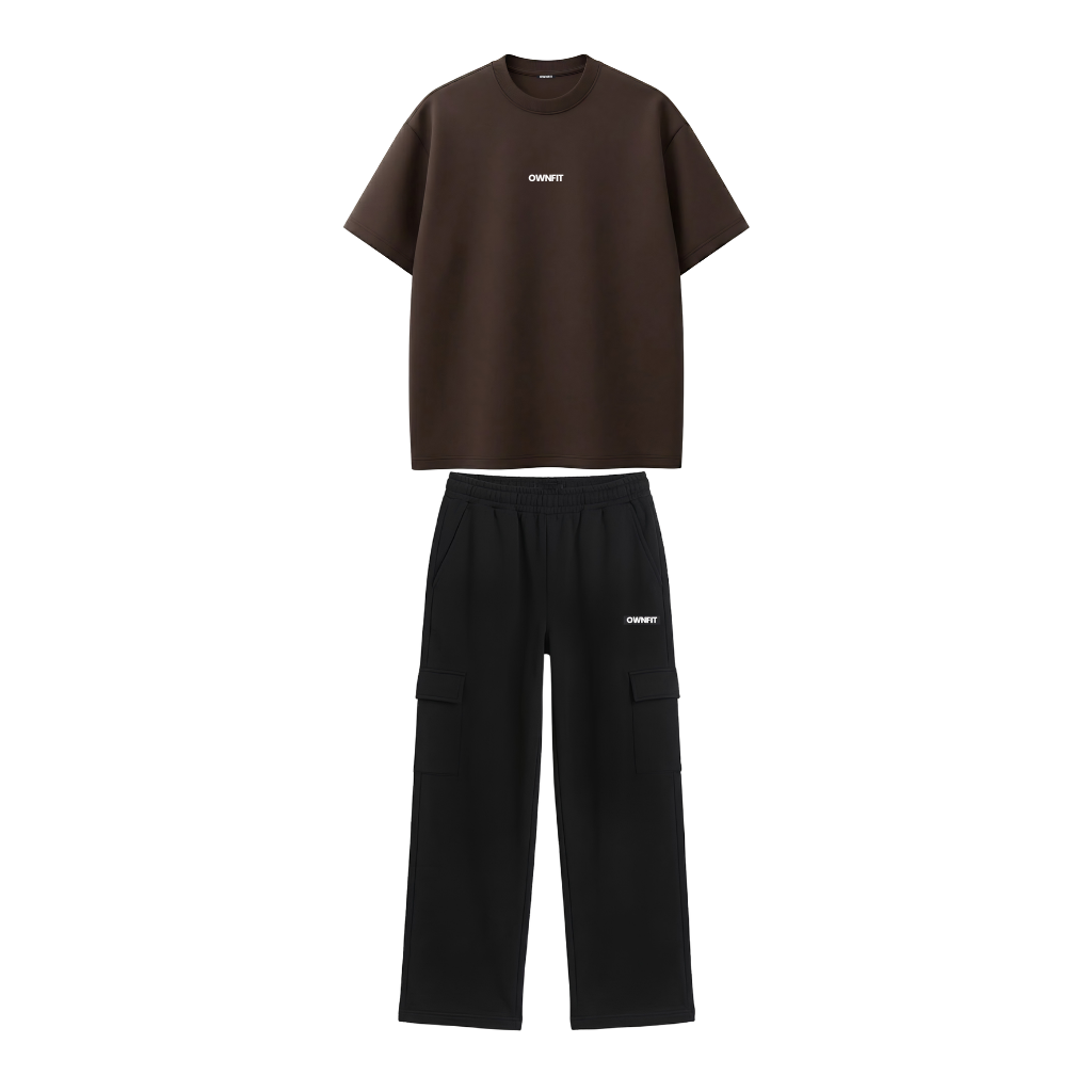 combo brown tee + black cargo Trouser